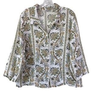 Russ Berens Malibu Floral Linen Pre-Shrunk Button Up Top‎ Sz L Resort Wear Beach
